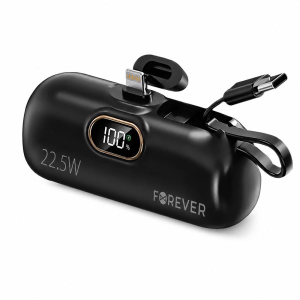 POWER BANK 5000MAH ΜΑΥΡΟ MINI – 22.5W SUPER FAST CHARGING ΜΕ ΕΝΣΩΜΑΤΩΜΕΝΟ ΒΥΣΜΑ LIGHTNING + TYPE C MTB-100 FOREVER